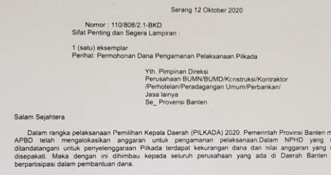SE Permohonan Dana Pengamanan Pilkada Bocor, Pemprov Banten Disarankan Buat LP